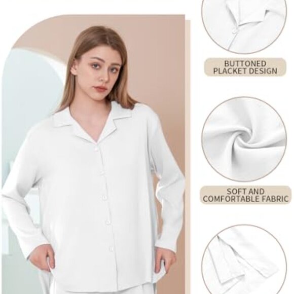 Elegant Collar Button-Up Pajama Set Long Sleeve Cardigan Elastic Waist Pants - Picture 6 of 6